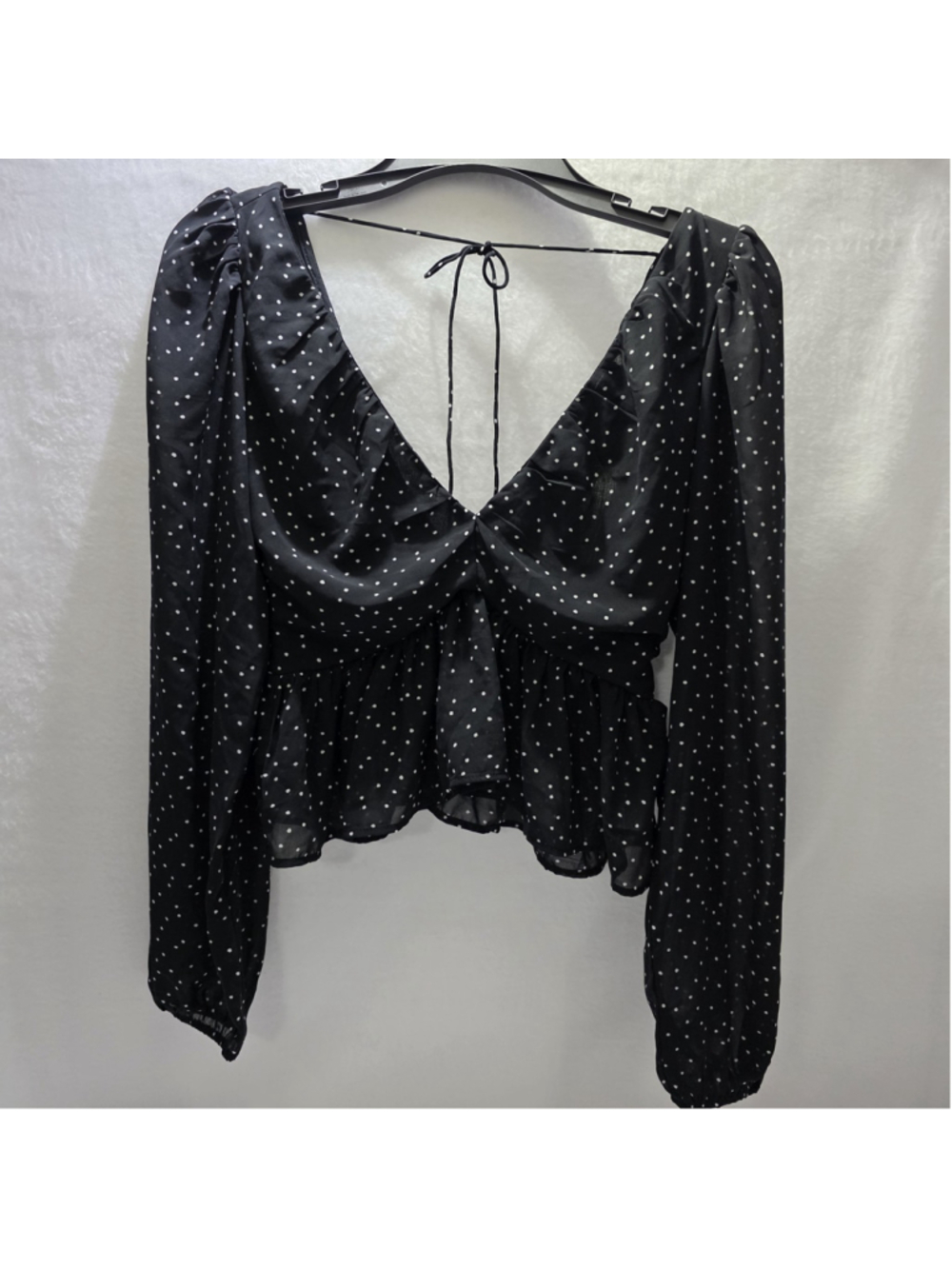 Polka Dot Peplum Blouse Romantic Boho Coquette Sheer V Neck Tie Back Black XS